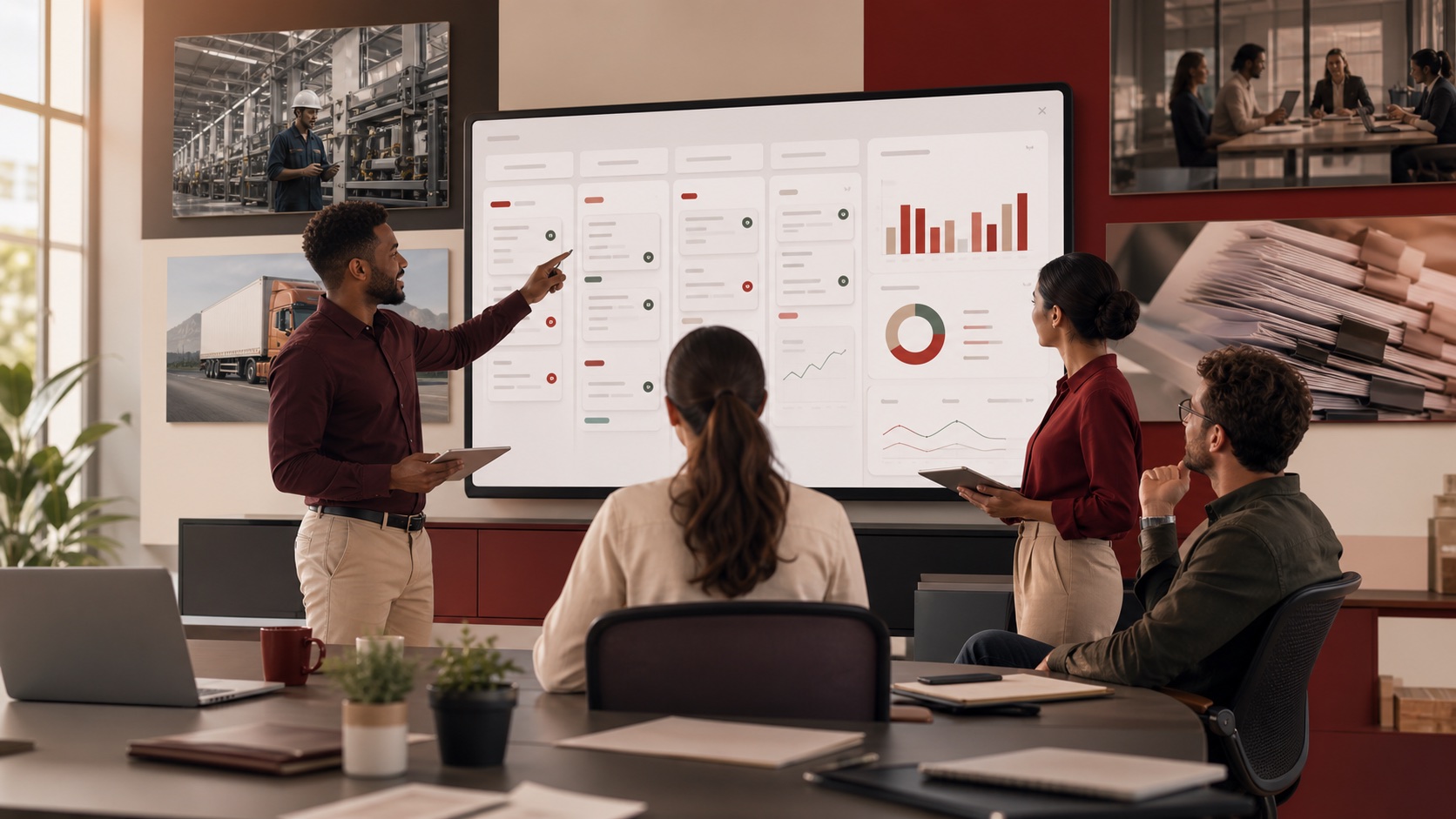 Team analyzing processes, indicators and results in a management panel
