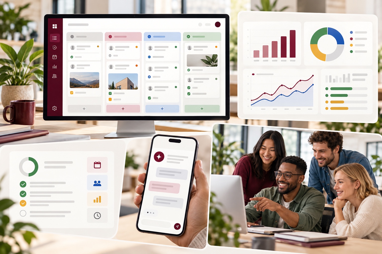 Mosaico com quadro Kanban, painel de indicadores de BI, checklist de produtividade, chatbot em celular e equipe colaborando em um escritório moderno