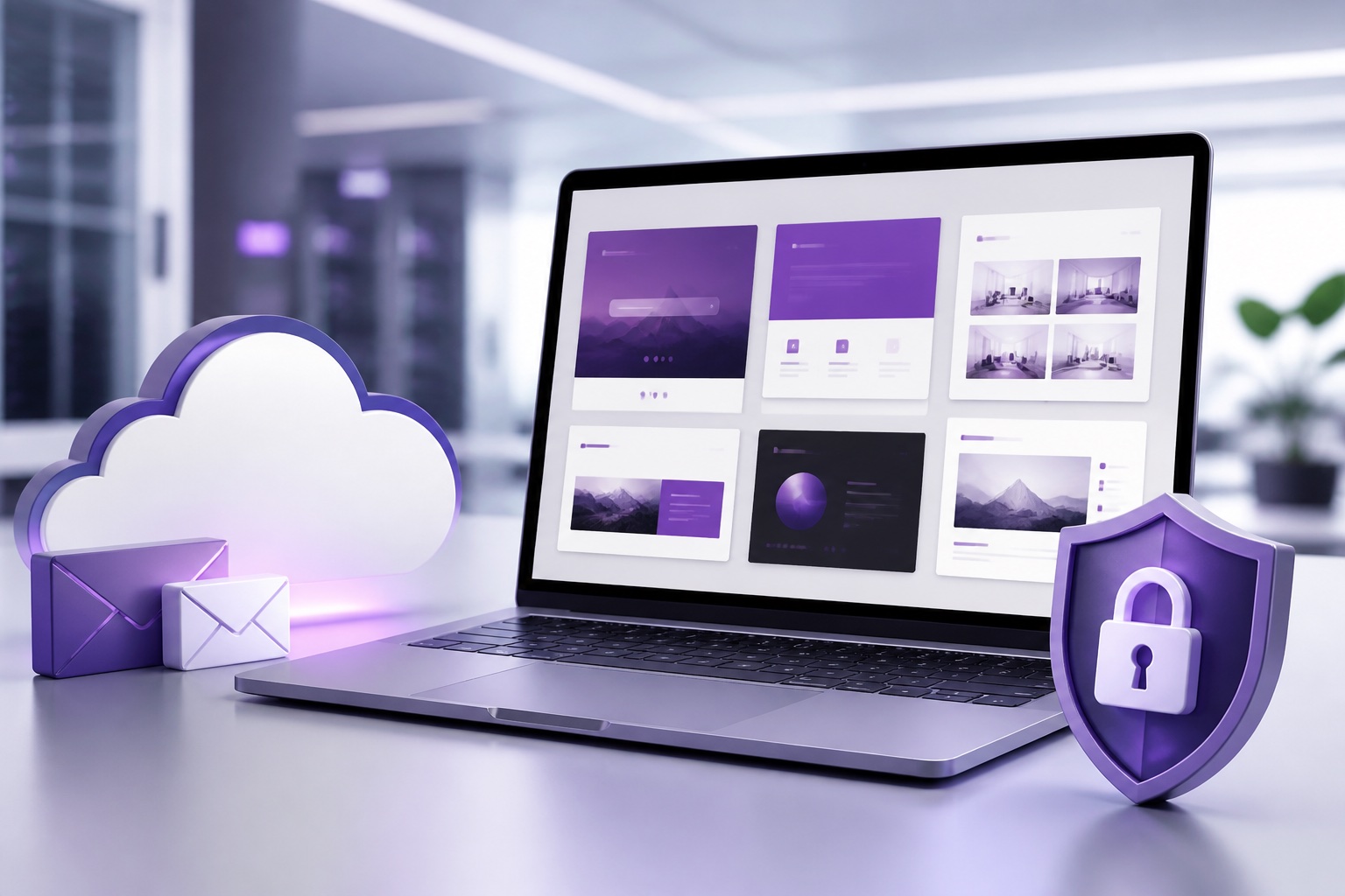 Notebook com websites, e-mails corporativos, nuvem e proteção digital