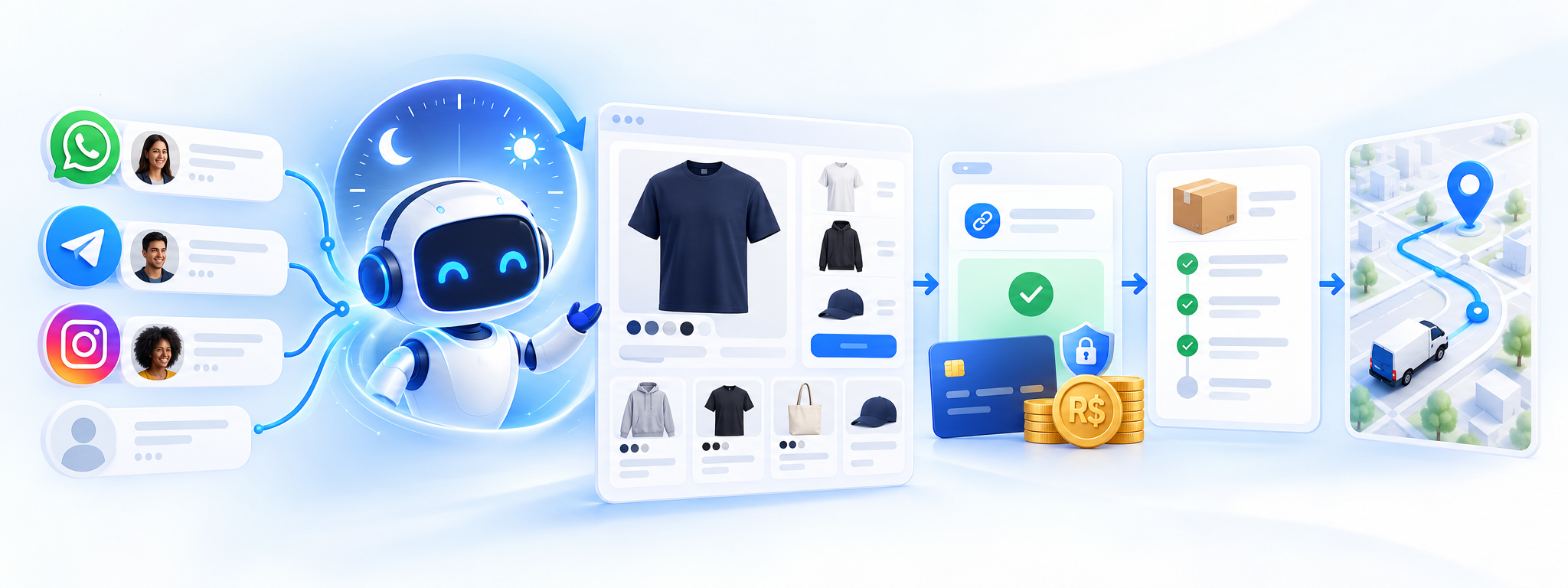 Ilustração conceitual da Weeke IA: atendimento por WhatsApp, Telegram e Instagram, assistente de IA 24 horas, apresentação de produtos, pagamento, organização de pedidos e acompanhamento de entrega